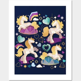 Kicking off some magic // print // navy blue background white and grey unicorns violet blue and aqua hearts clouds and rainbows golden lines Posters and Art